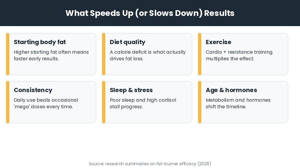 Factors that speed up or slow down fat burner results: starting body fat, diet, exercise, consistency, sleep, age