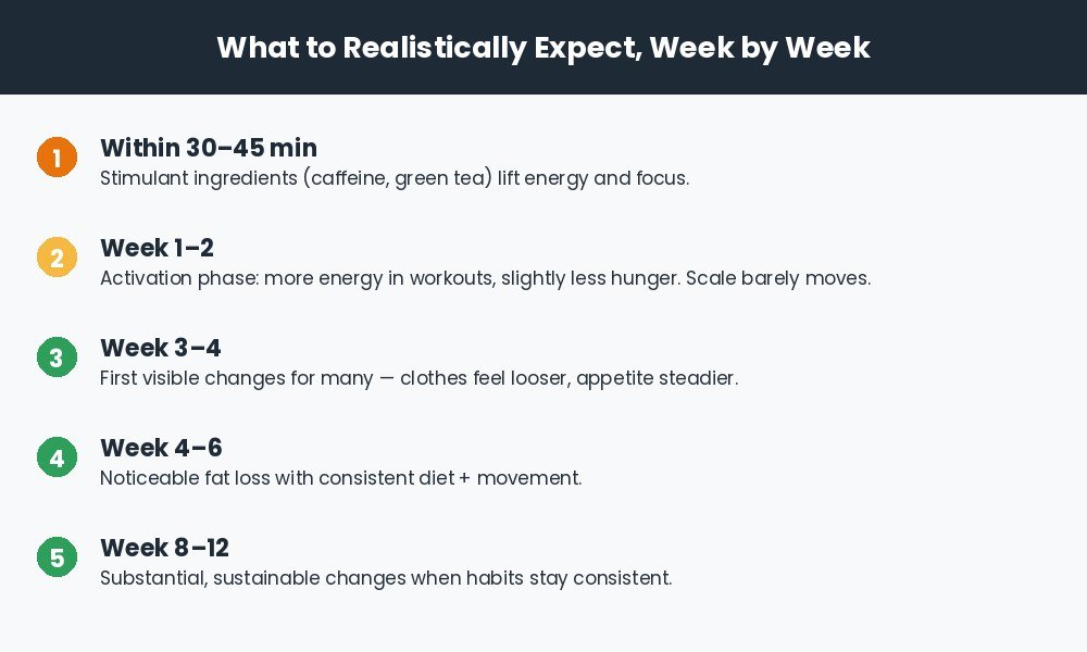 Week-by-week timeline of fat burner results from day one to twelve weeks