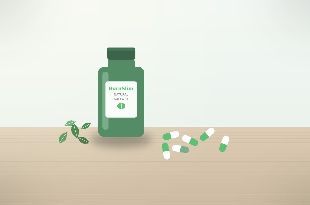 BurnSlim capsules bottle with green tea leaves and scattered capsules on a kitchen counter