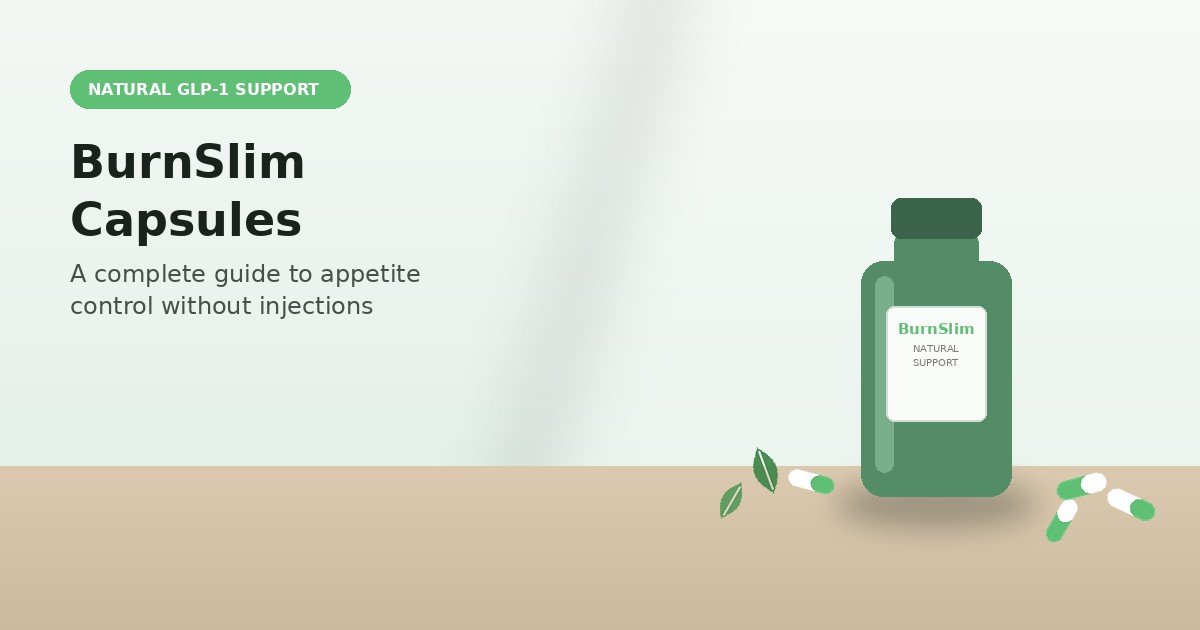 BurnSlim capsules bottle with green tea leaves, natural GLP-1 appetite support