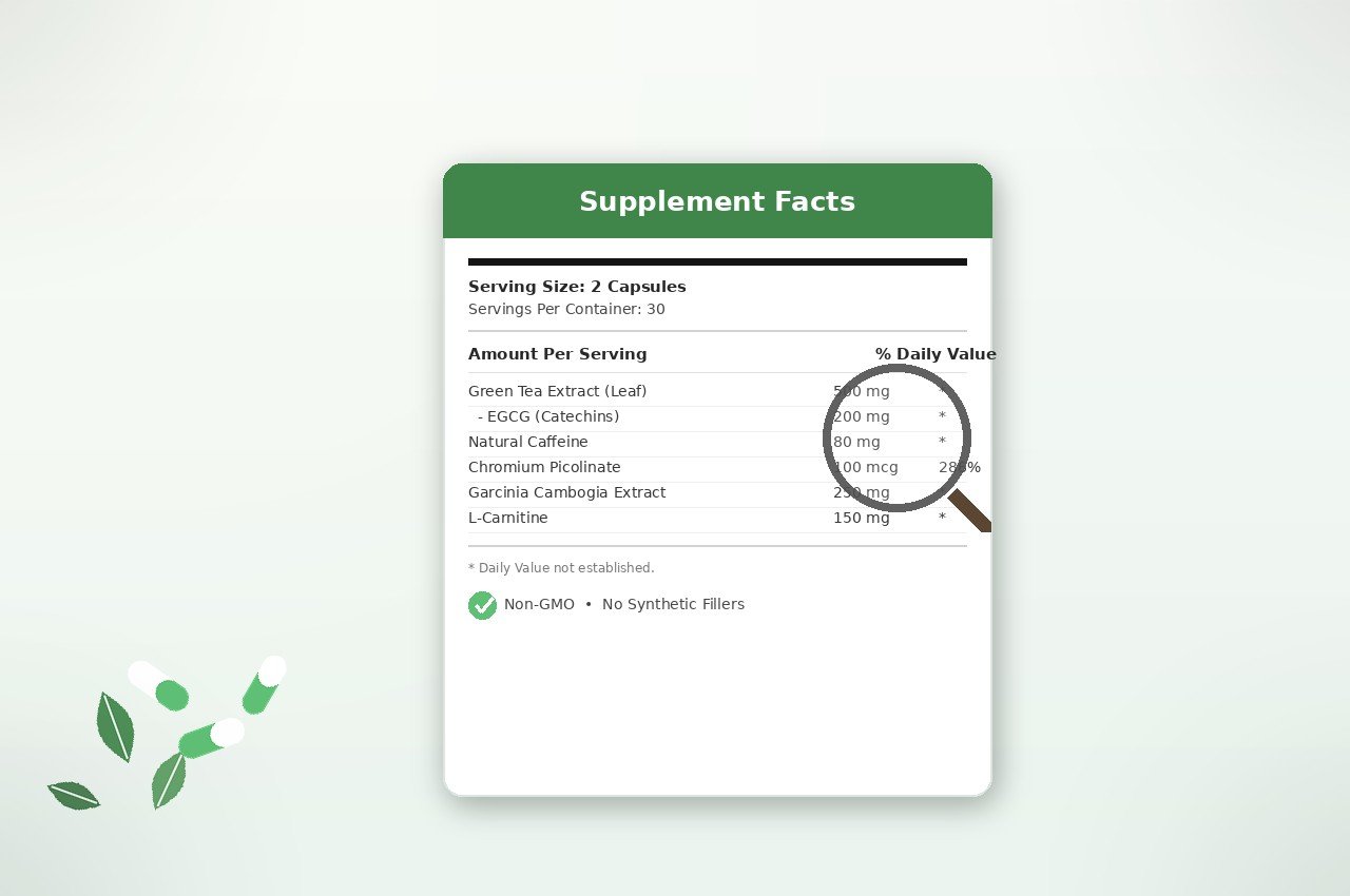 Close-up of a supplement facts label being reviewed, highlighting green tea extract and EGCG content