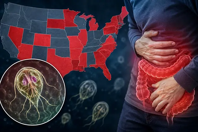 Map of US states affected by the cyclosporiasis outbreak, with Cyclospora parasite illustration and a person holding their stomach